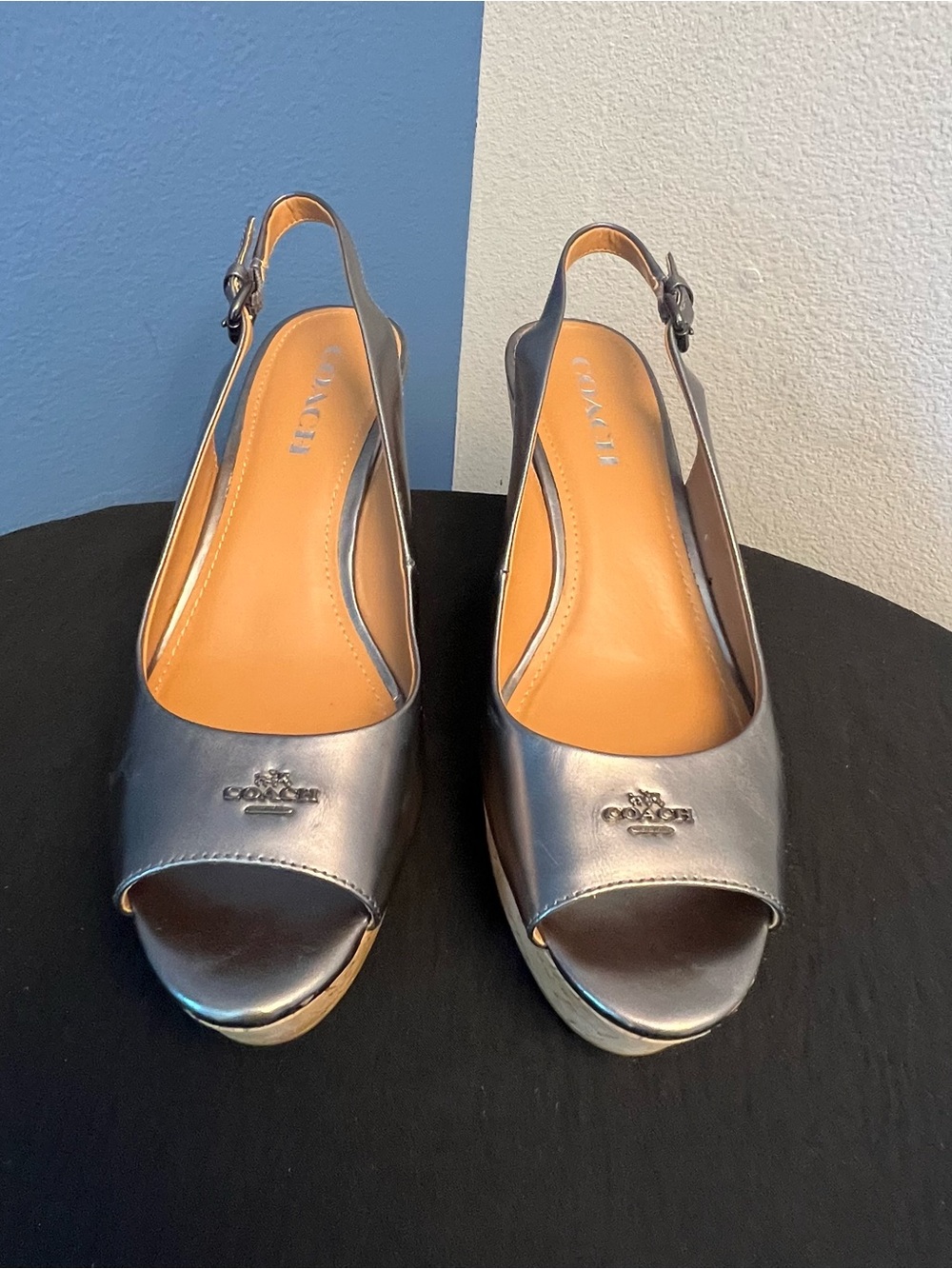 COACH Ferry Cork Wedge Metallic Gunmetal & Leather Peep Toe Slingback Sz 8.5 B - Picture 2 of 11